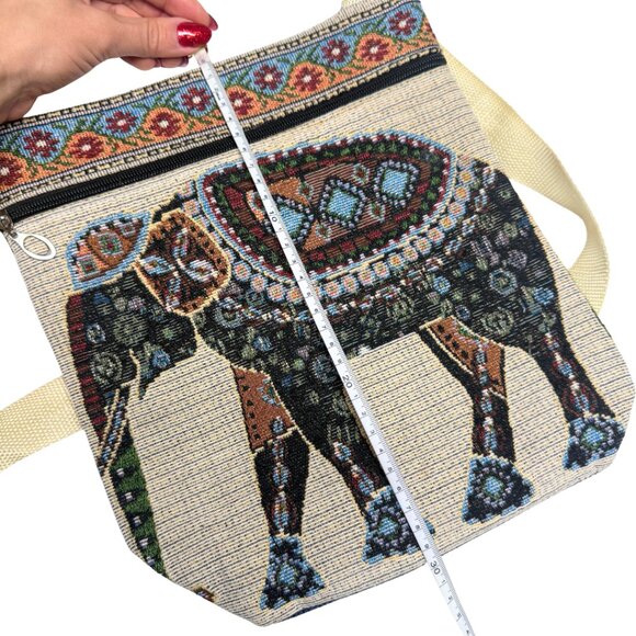 Boho Canvas Crossbody Bag | Embroidered Elephant Pattern | Bohemian Style - Picture 7 of 8